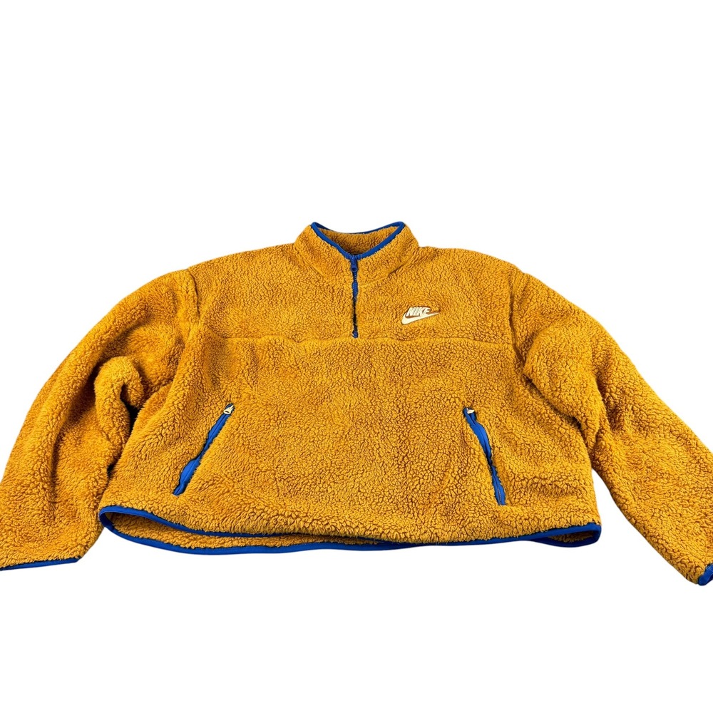 Nike Sherpa Fleece Quarter Zip‎ Pullover Mustard Yellow Blue XXL Cropped Boxy